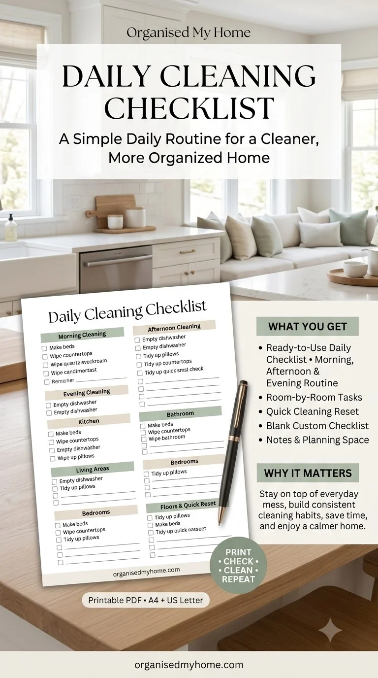 Daily Cleaning Checklist Printable PDF – Simple Daily Cleaning Routine